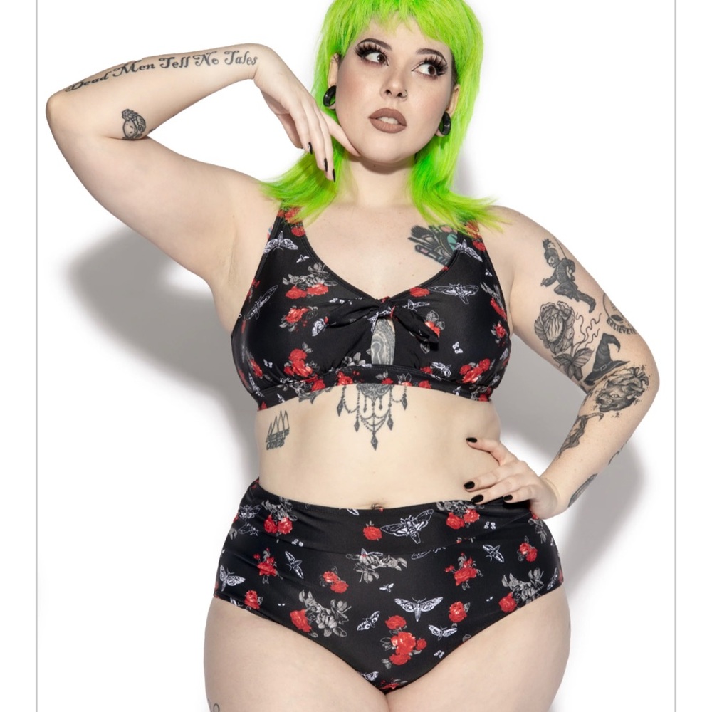 blackcraftcult Dark Floral Moth Tie Front high waist Bikini